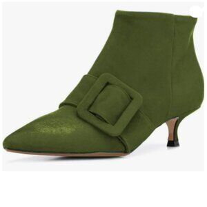 Dark Green Kitten Heel Ankle Boots Pointed Toe Side Zip Buckle Strap Winter Shoe